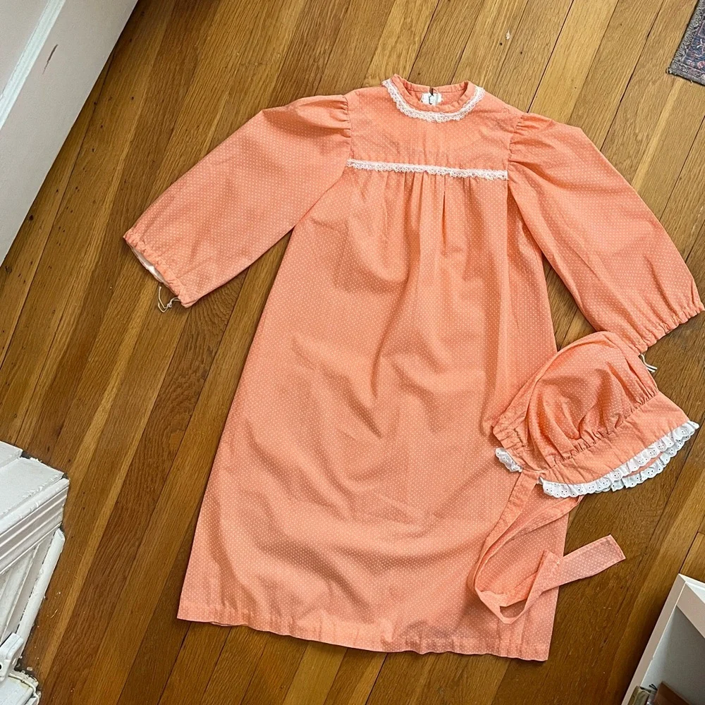 70s Vintage Handmade Girls Bicentennial Little House Prairie Dress & Bonnet - Picture 5 of 12